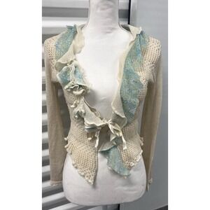 French Designer Zone Bleue Cream and Aqua Ruffle Knit Cardigan with Rosette Trim